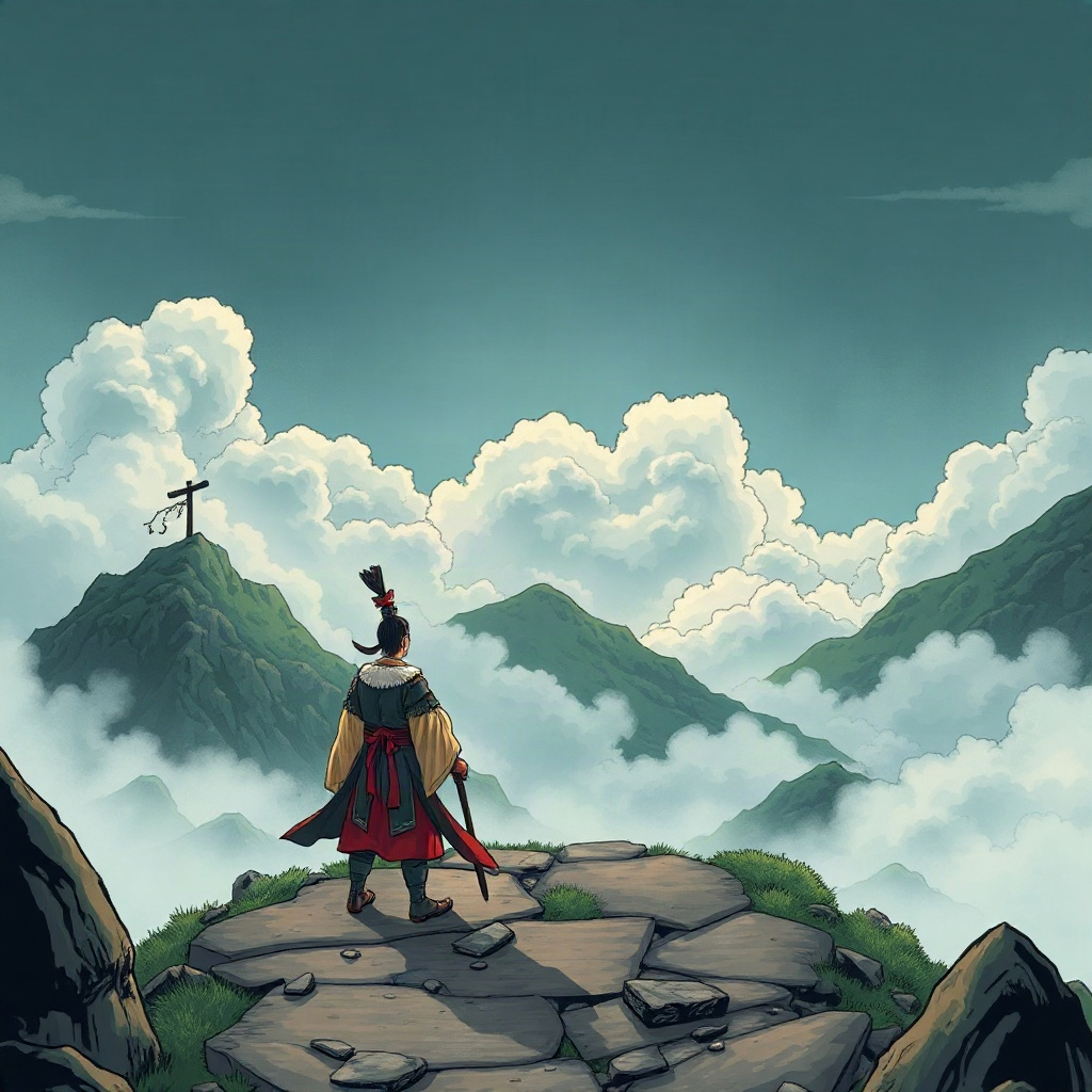 Comic scene of Zhu Bajie facing one final trial on a clouded mountain road