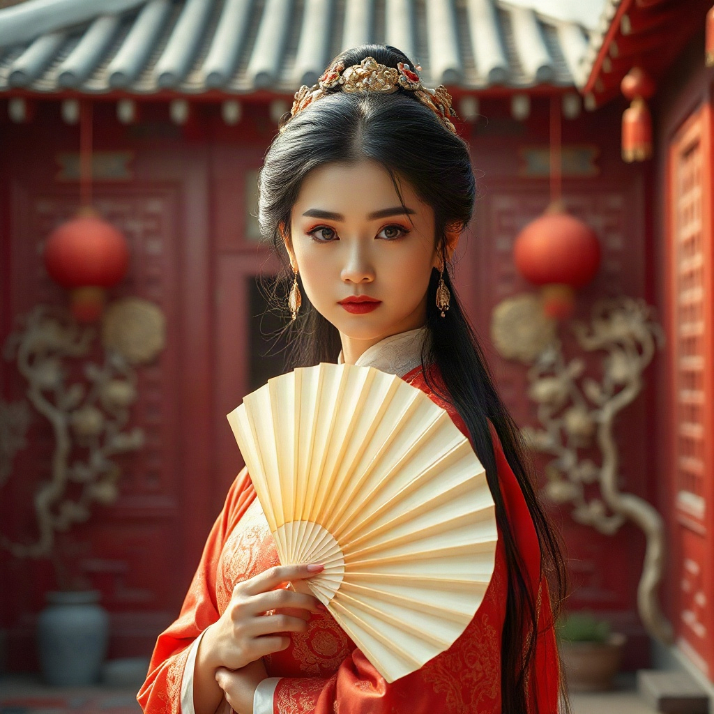 Qingwen holding a fan in a red courtyard reimagined for the remix drama Hongloumeng